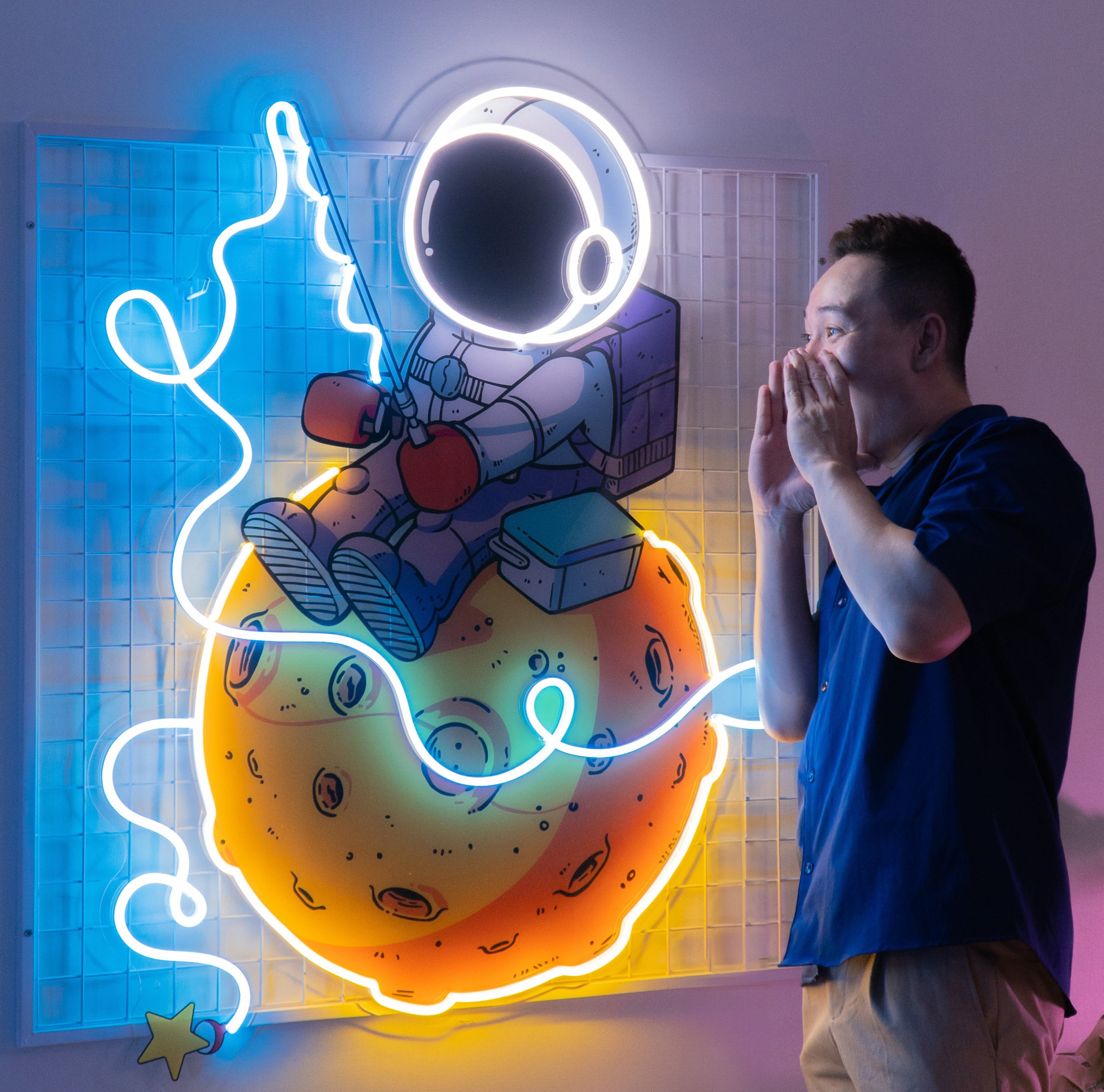 Astronaut Fishing Led Neon Acrylic Artwork - Image 2