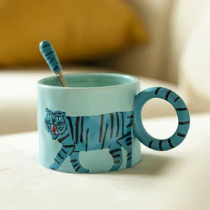 Cartoon Animal Ceramic Mug With Spoon, Blue Tiger