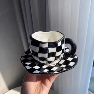 Nordic Monochrome Cup Black and White Checkerboard Mug